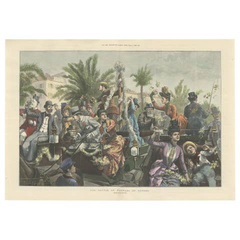Antique Print of 'The Battle of Flowers' at Cannes by Hopkins, '1889'