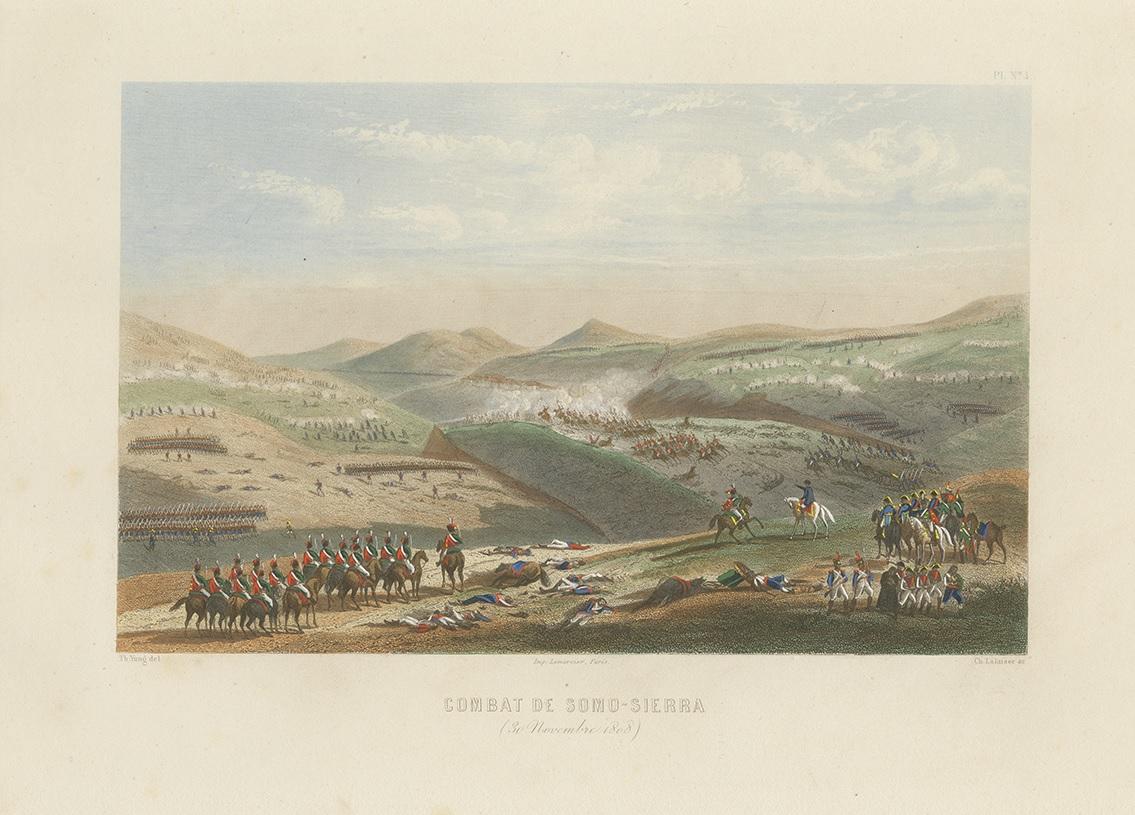 Antique print titled 'Combat de Somo-Sierra'. Steel engraving of the Battle of Somosierra (1808). This print originates from 'Album de Vingt Batailles de la Révolution et de l'Empire'. Published circa 1860.