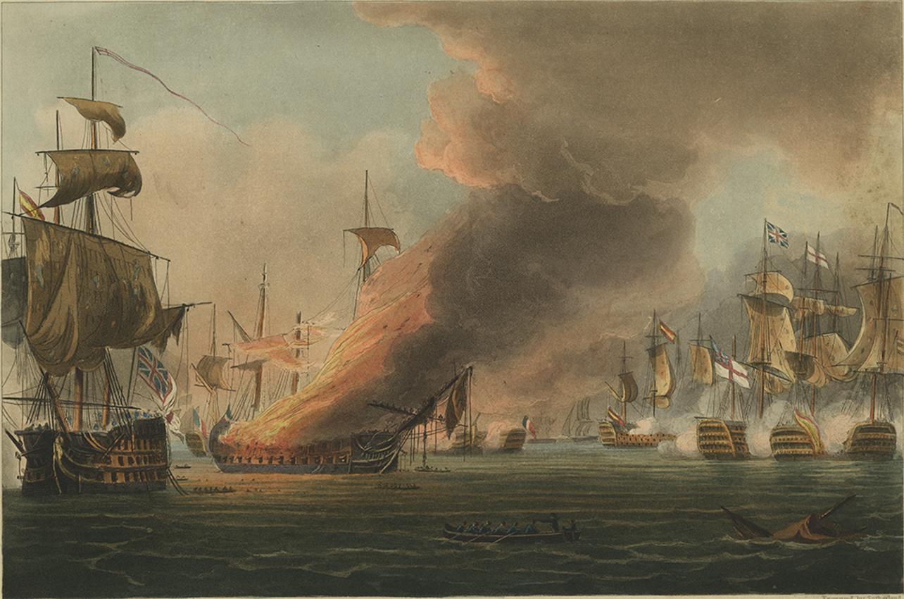A very fine hand-colored aquatint by T. Sutherland based on an oil painting by T. Whitcombe showing the Battle of Trafalgar between the British fleet and the combined fleets of France and Spain on October 21st 1805. This print was published in 'The