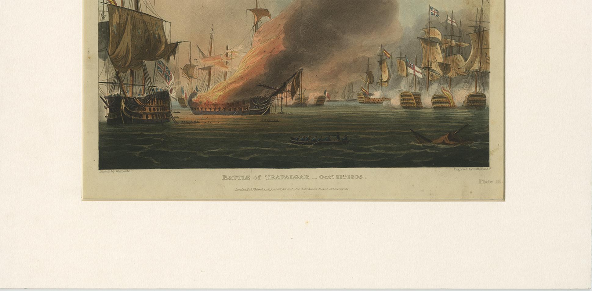 Antique Print of the Battle of Trafalgar 'Pl. III' by T. Sutherland, 1816 In Good Condition In Langweer, NL