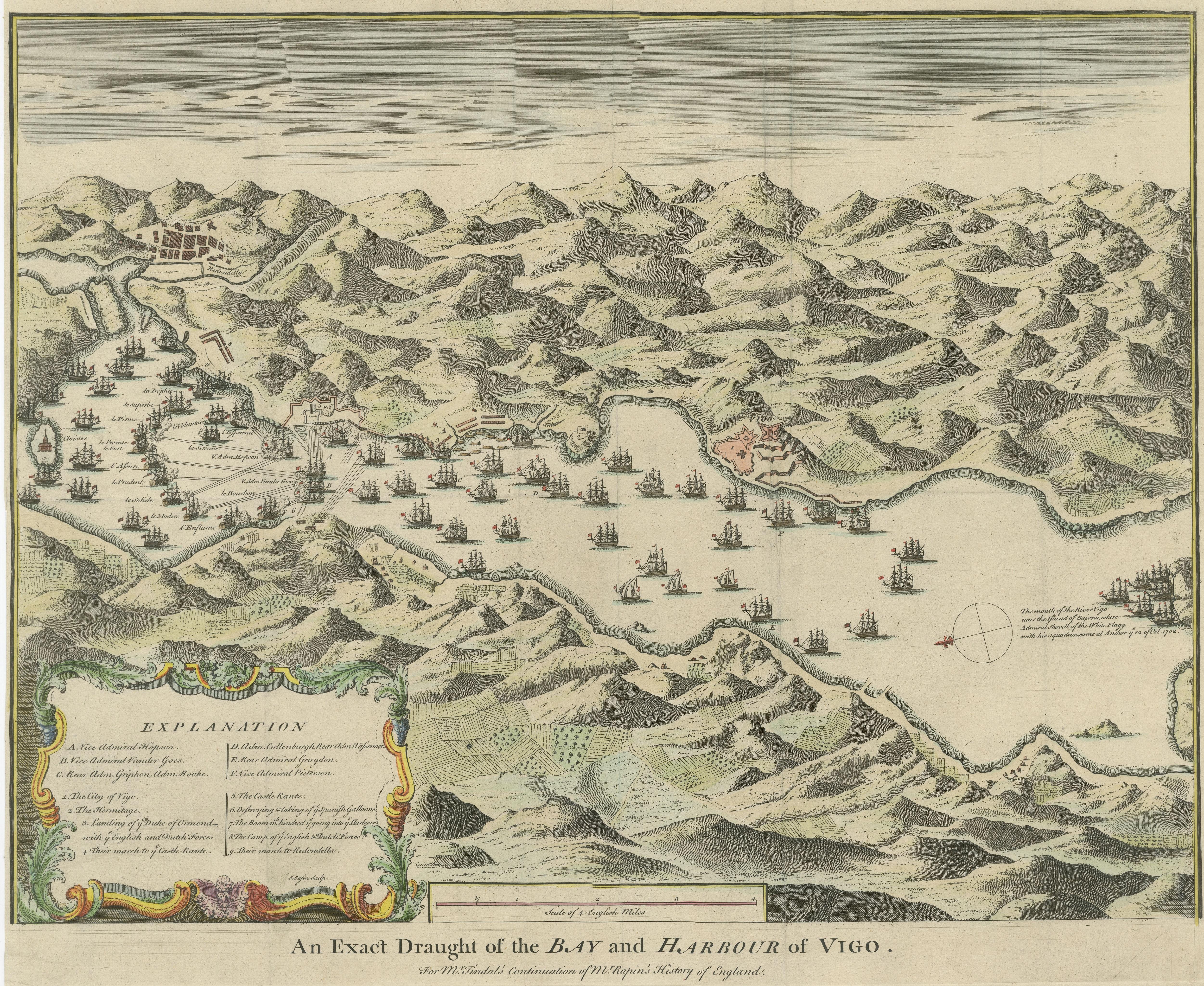 Gravé Impression ancienne de la bataille de 1702 sur la baie de Vigo ou Rande, Galicia, Espagne en vente