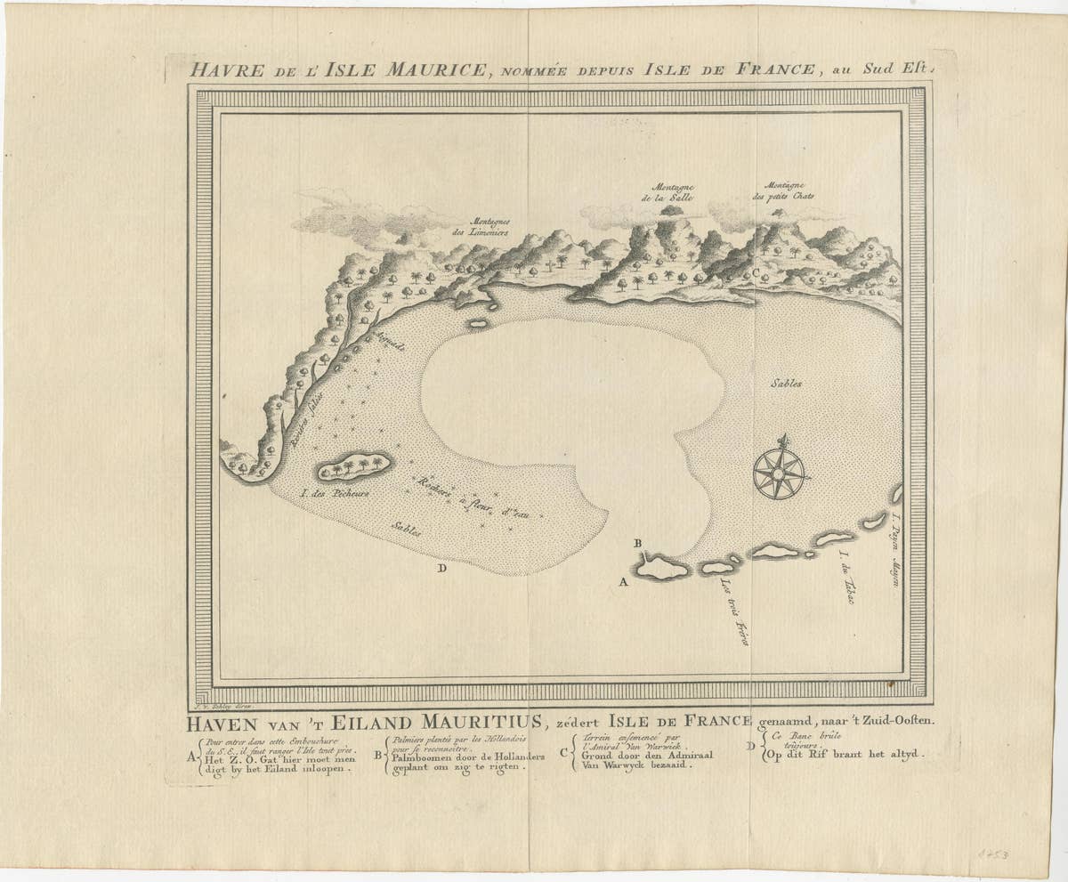 Original Antique Print of the Bay of the Island Mauritius, Indian Ocean