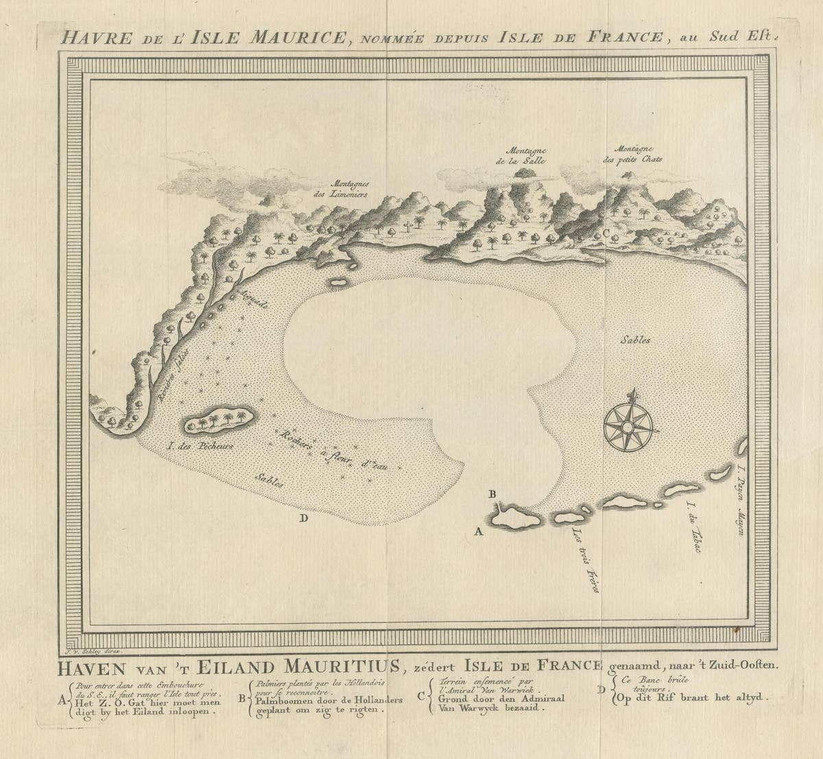 Original Antique Print of the Bay of the Island Mauritius, Indian Ocean
