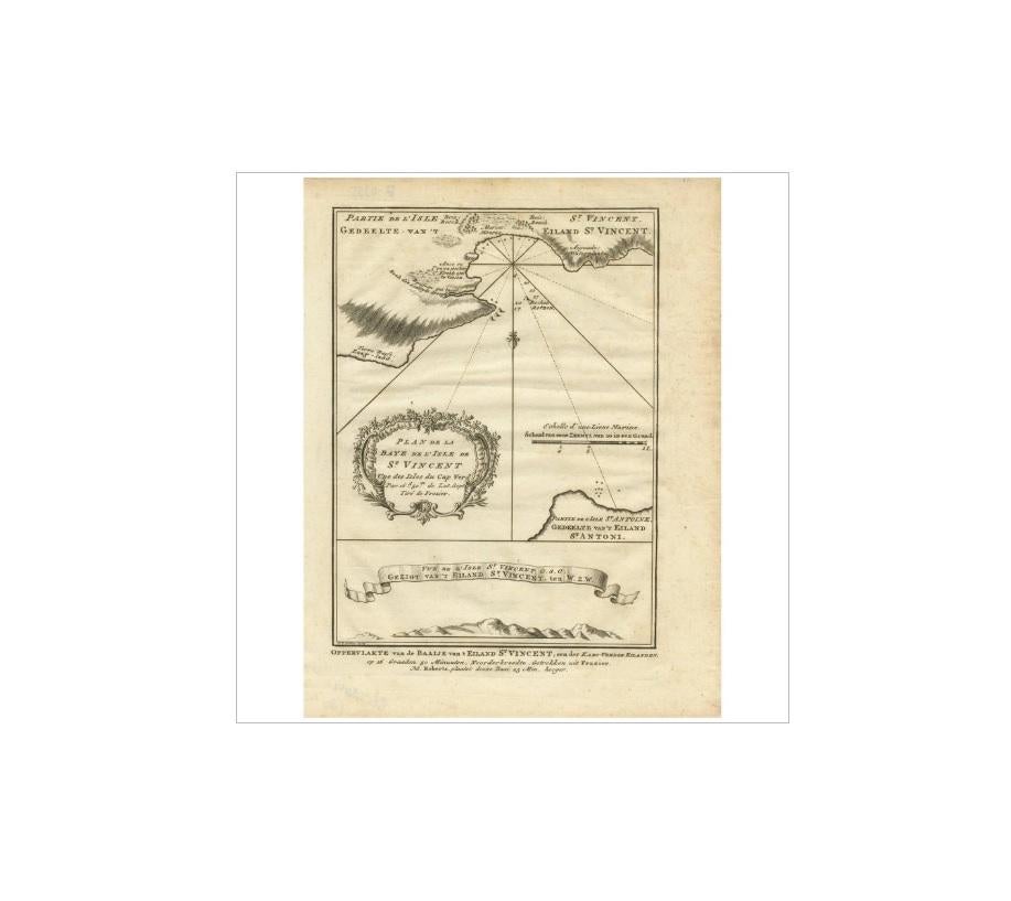 Gravure ancienne intitulée 'Oppervlakte van de Baaije van 't Eiland St. Vincent (...)'. Vue de la baie de l'île de Saint-Vincent, l'une des îles capverdiennes. Provient d'une édition néerlandaise de l'
