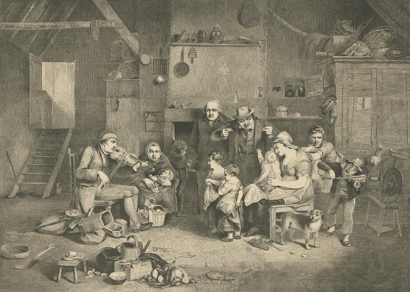 Antique print titled 'The Blind Fiddler'. Beautiful scene with a blind, old fiddler on the left. Moved by the music a gentleman 'snaps' his fingers & a young boy, holding a bellows & fire poker, plays along with the 'fiddler'. Engraved by H.