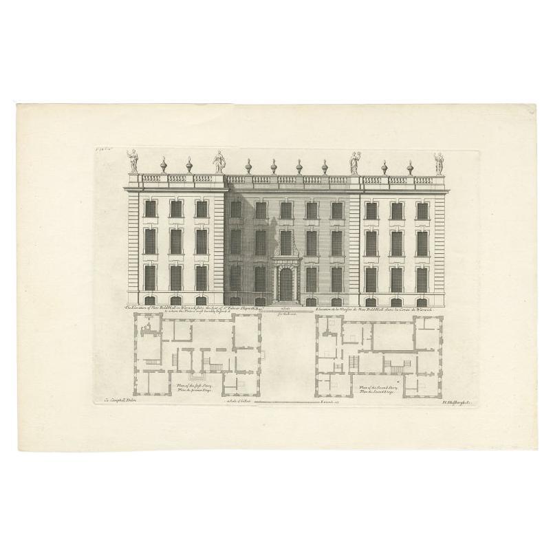 Antique print titled 'The Elevation of Nen Bold-Hall in Warwickshire (..)'. 

View of the Bold Hall in Warwickshire, England. This print originates from 'Vitruvius Britannicus' by Colen Campbell. Artists and Engravers: Colen Campbell's Vitruvius