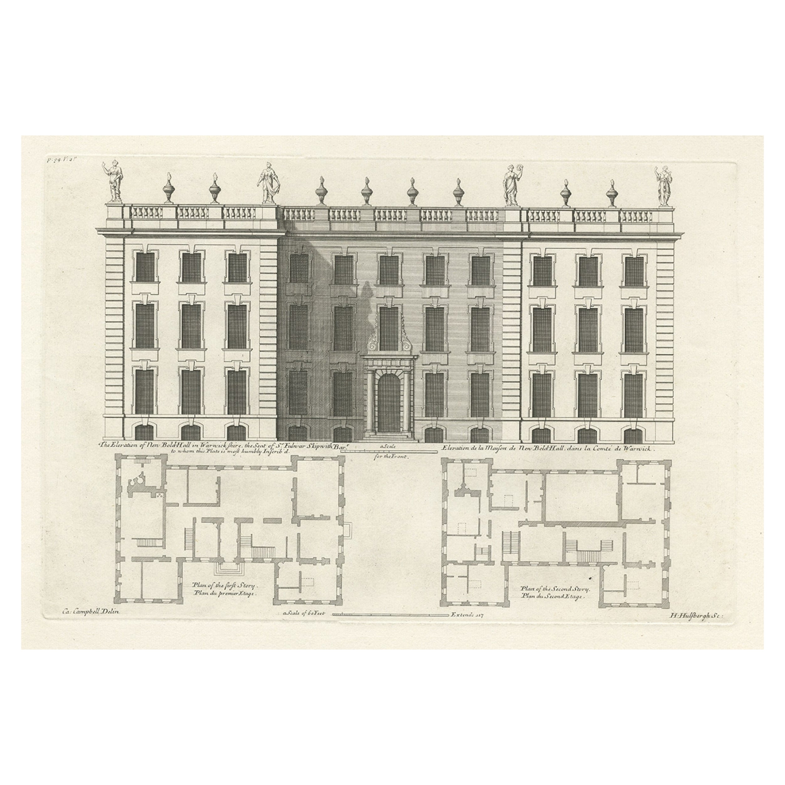 Impression ancienne du Bold Hall dans le Warwickshire en Angleterre, 1714