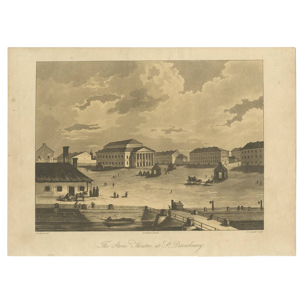 Antique Print of the Bolshoi Theatre in Saint Petersburg, Russia, ca.1810