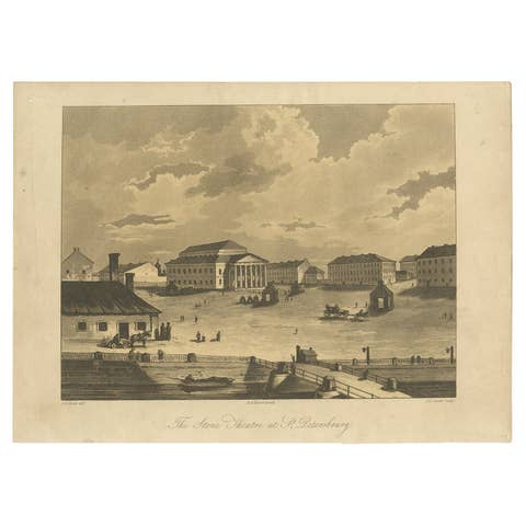 Antique Print of the Bolshoi Theatre in Saint Petersburg, Russia, ca.1810