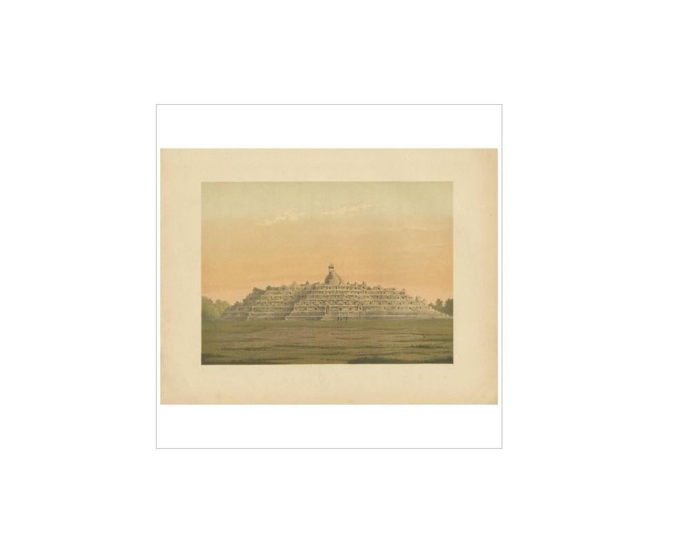 Antique print of the Borobudur (or Barabudur), a 9th-century Mahayana Buddhist temple in Magelang Regency, not far from the town of Muntilan, in Central Java, Indonesia. This print originates from 'Het Kamerlid van Berkestein in