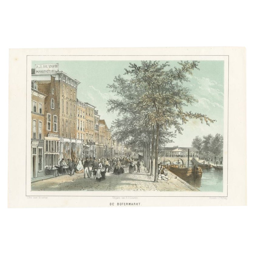 Impression ancienne de la rue Botermarkt à Leiden, aux Pays-Bas, 1859 en vente