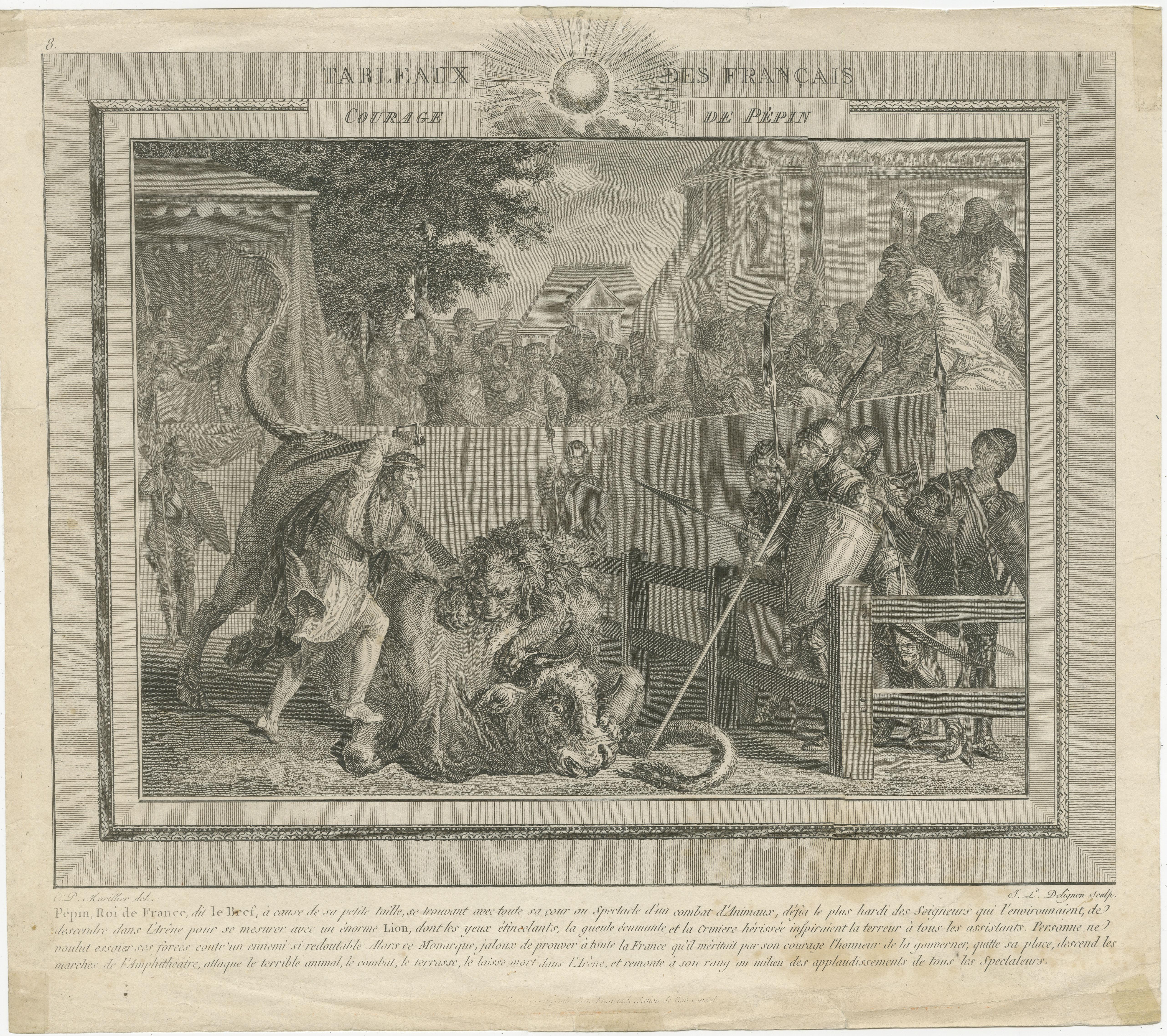 Antique print titled 'Tableaux des Francais - Courage de Pépin'. Original old print of the bravery of Pepin the Short, first king of the Franks. Pepin jumps into the arena during a fight between a lion and a bull. Set in a frame with a radiant sun