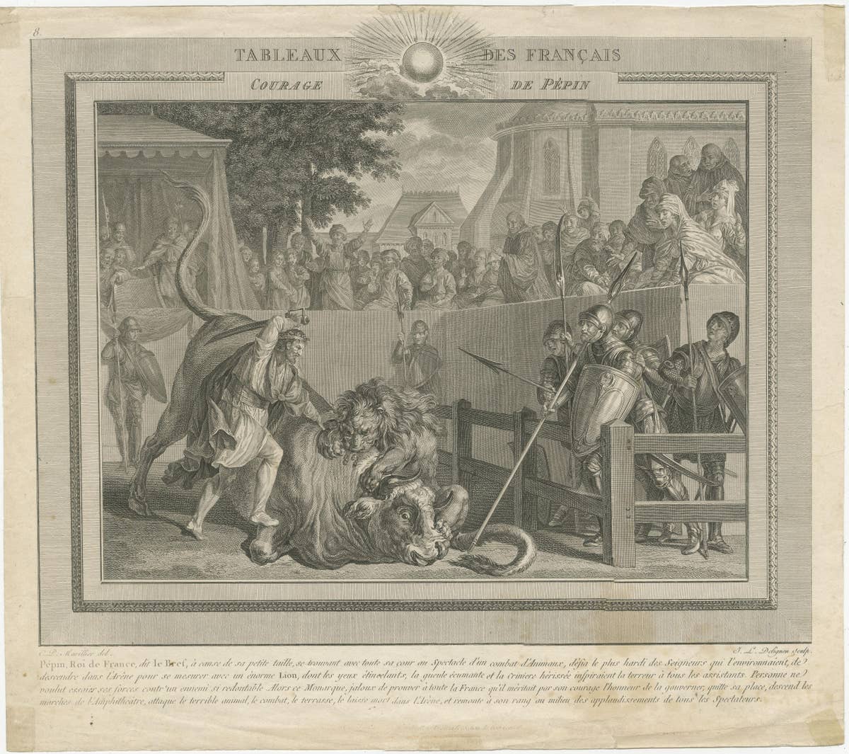Antique Print of the Bravery of Pepin the Short, First King of the Franks