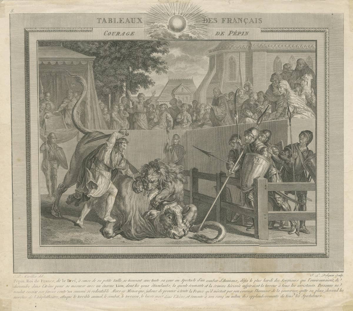 Antique Print of the Bravery of Pepin the Short, First King of the Franks