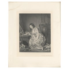 Grabado antiguo de "El espejo roto" realizado según J.B. Greuze (1902)