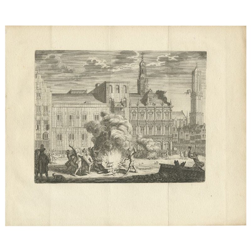 Antique Print of the Burning on the Stadhuisbrug in Utrecht, the Netherlands For Sale