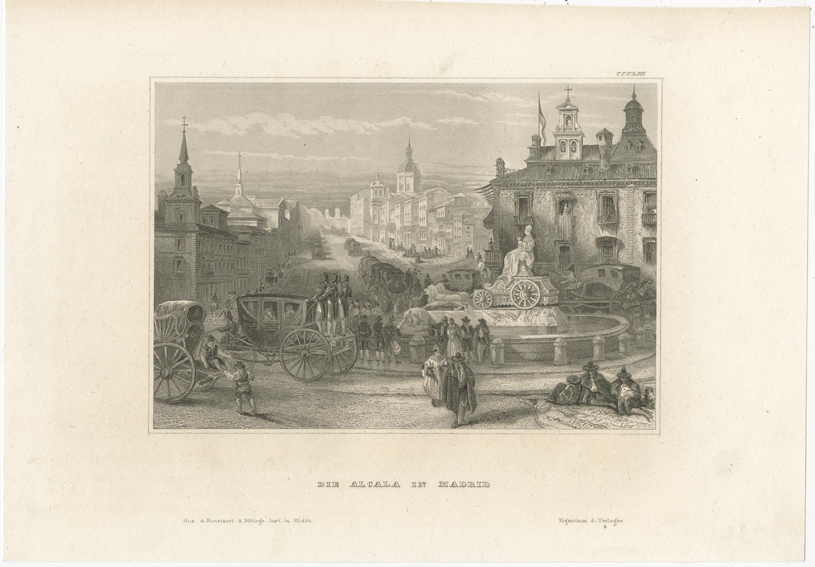 Antique print titled 'Die Alcala in Madrid'. View of the Calle de Alcalá, it is among the longest streets in Madrid. Originates from 'Meyers Universum'. Published circa 1840.

Joseph Meyer (May 9, 1796 - June 27, 1856) was a German industrialist