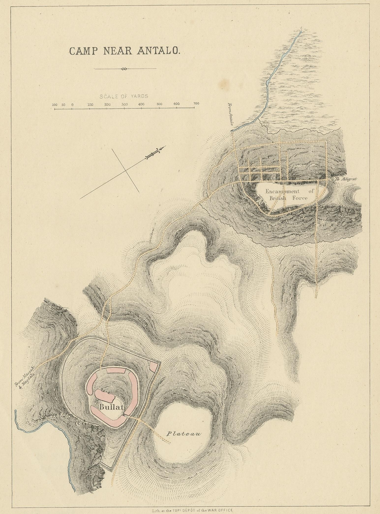 Antique print titled 'Camp near Antalo'. Lithograph with a plan of the camp near Antalo during the battle of Magdala. The Battle of Magdala was the conclusion of the British Expedition to Abyssinia fought in April 1868 between British and Abyssinian