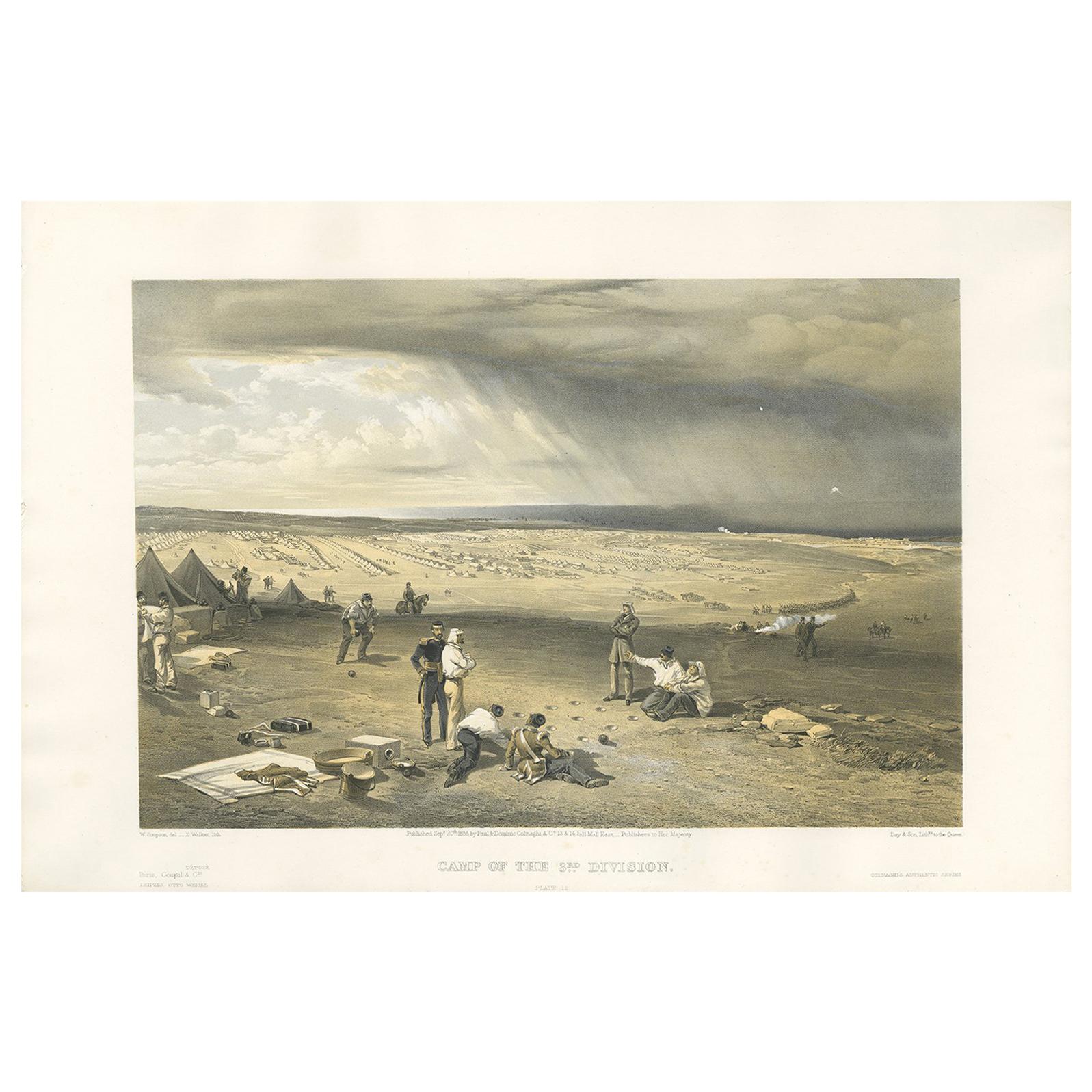 Impression ancienne du camp de la 3e division de la guerre civile par W. Simpson, 1855 en vente