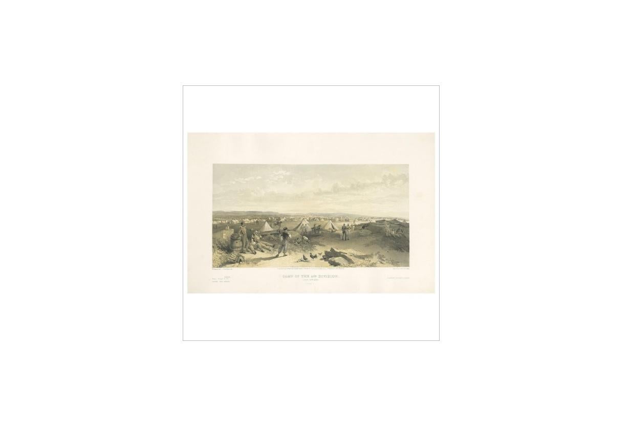 Antique print titled 'Camp of the 4th Division, July 15th 1855.' This print originates from 'The Seat of the War in the East' by W. Simpson. Published July 18th 1855 by Paul & Dominic Colnaghi & Co.