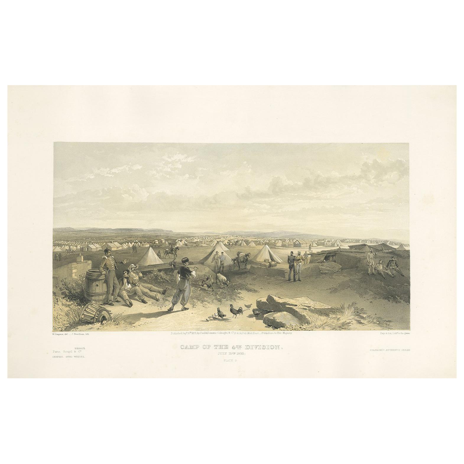 Stampa antica dell'accampamento della 4ª Divisione 'Guerra di Crimea' di W. Simpson, 1855 in vendita