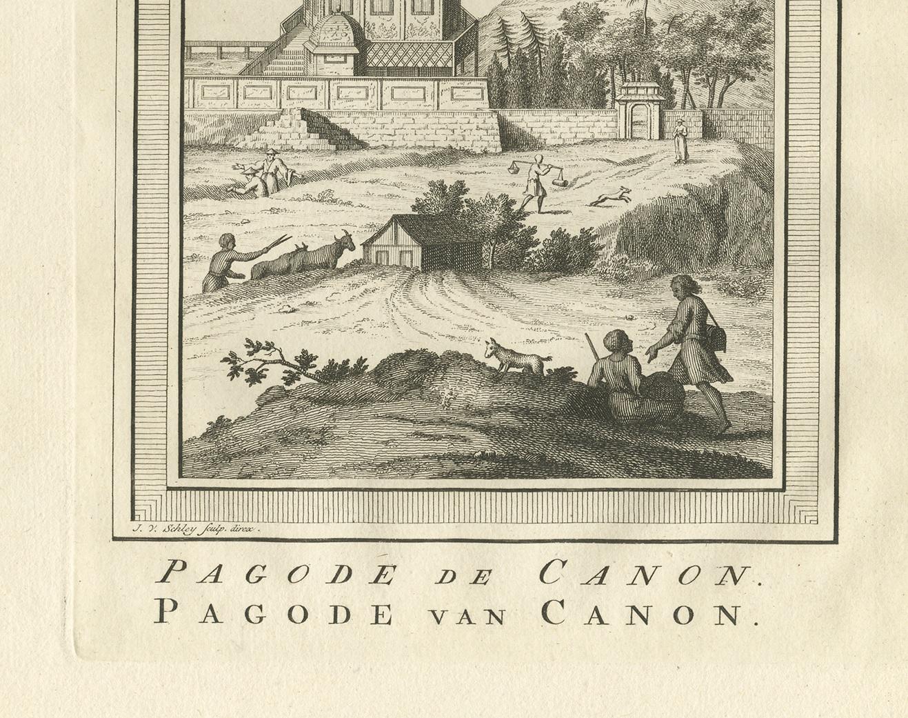 Gravure ancienne intitulée 'Pagode de Canon - Pagode van Canon'. Ancienne gravure représentant la pagode de Canon, au Japon. Cette gravure provient de l'Histoire générale des Voyages de A. Prévost.