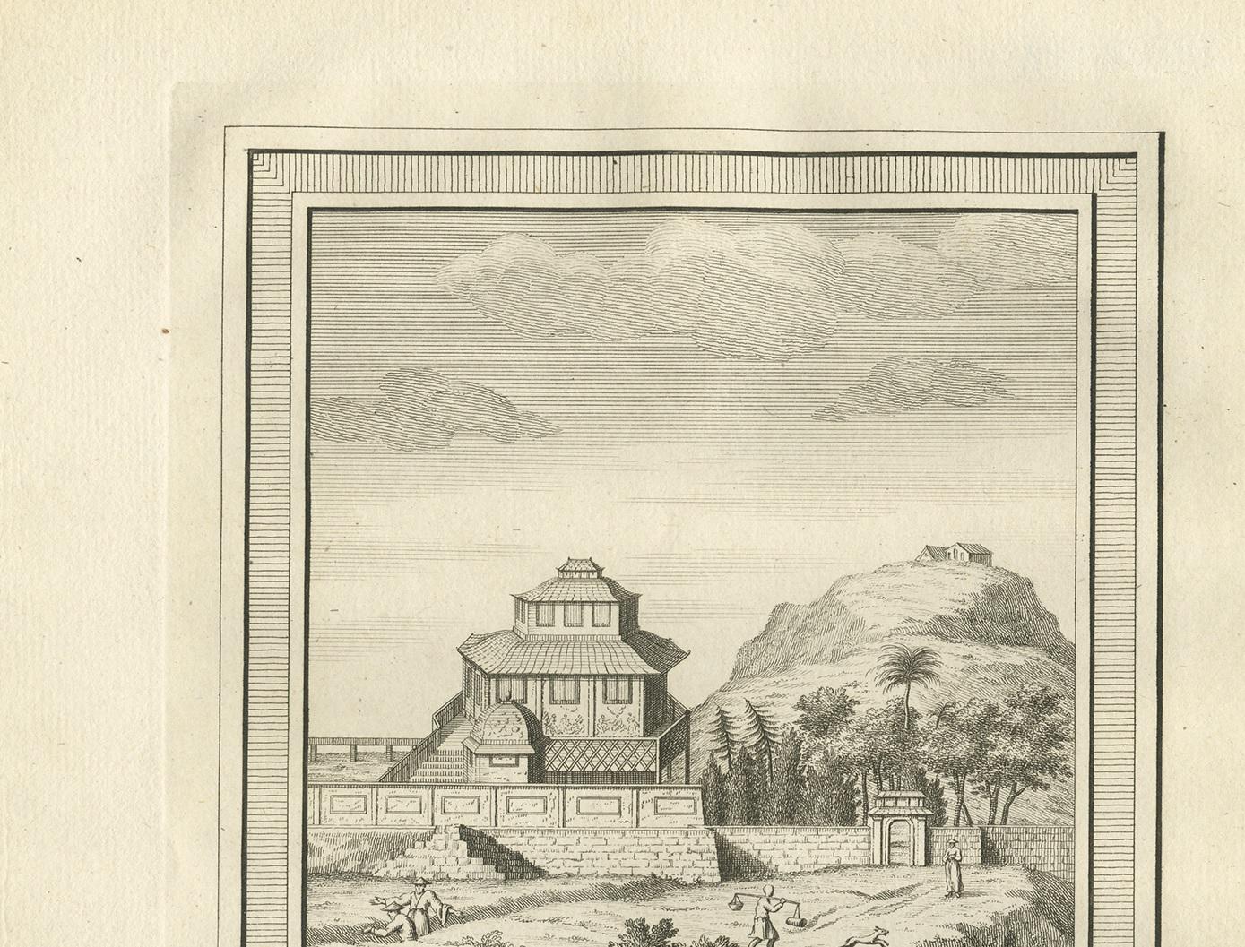 Dutch Antique Print of the Canon Pagoda by Van Schley, '1758' For Sale