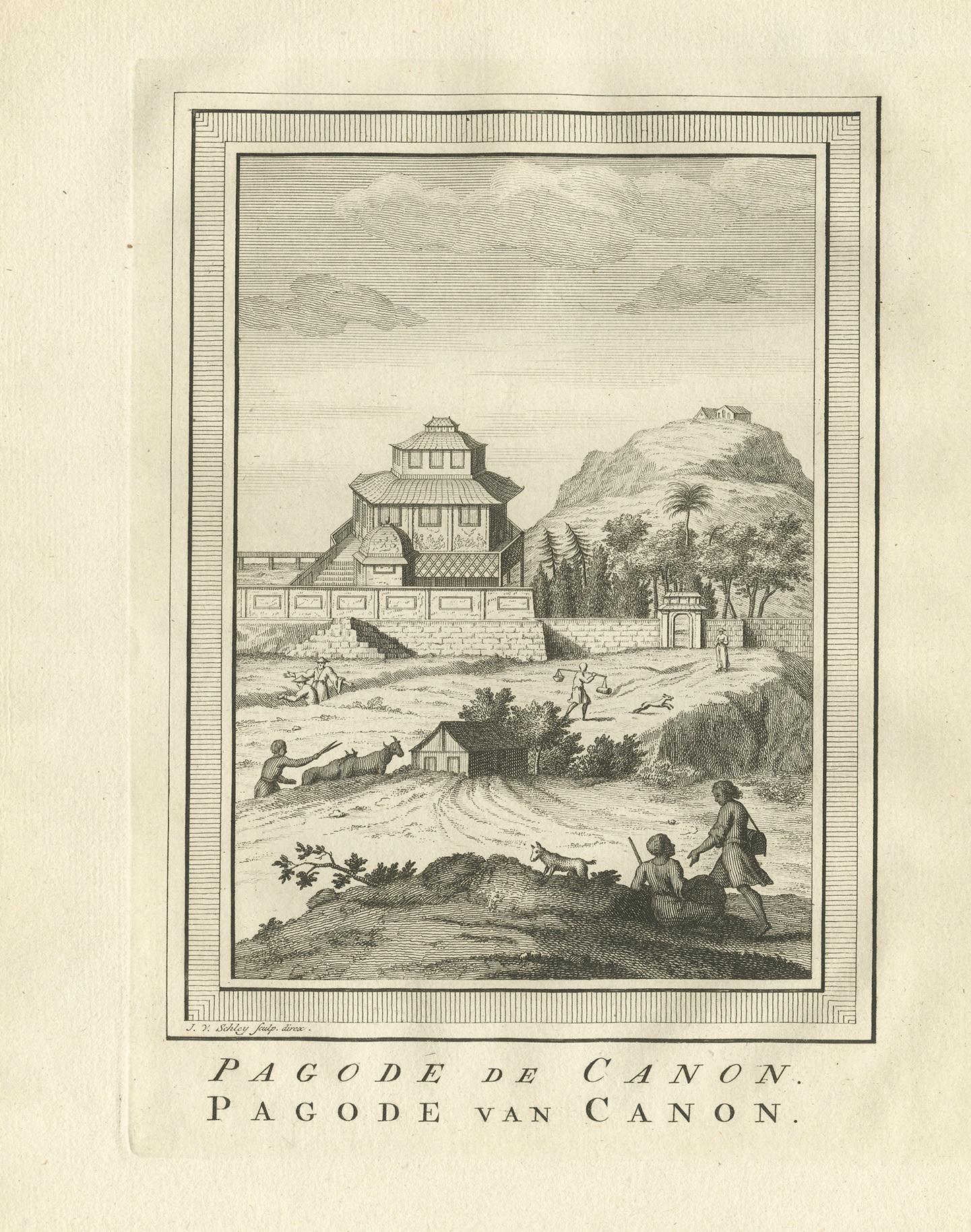 Impression ancienne de la pagode du Canon par Van Schley, 1758 Bon état - En vente à Langweer, NL