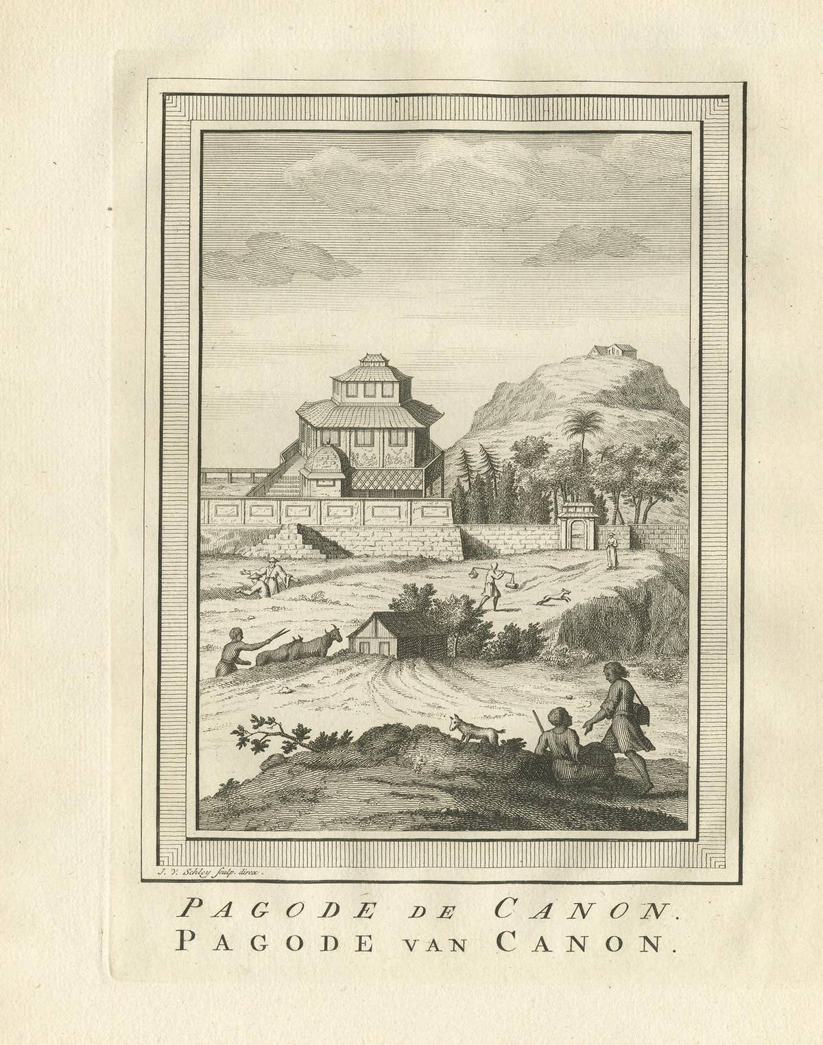 Antique Print of the Canon Pagoda by Van Schley, '1758'