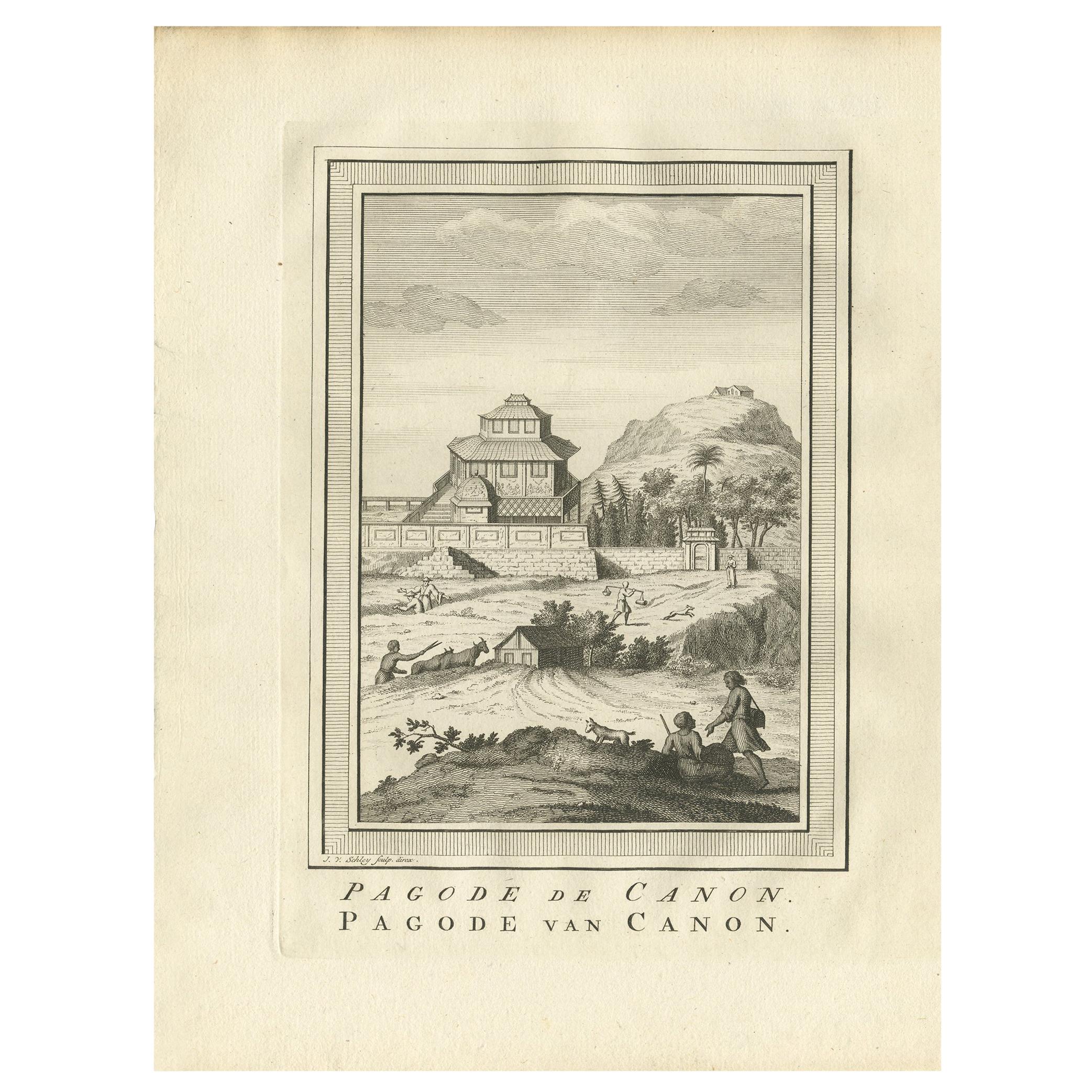 Antiker Druck der Canon-Pagoda von Van Schley, 1758