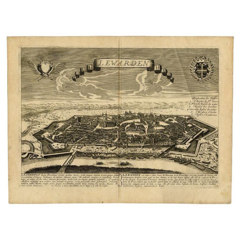 Stampa antica della capitale della Frisia Leeuwarden, Paesi Bassi, 1670 ca.