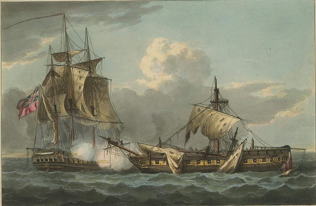 A very fine hand-colored aquatint by T. Sutherland based on an oil painting by T. Whitcombe showing the capture of La Vengeance by a British frigate on August 21st 1800. La Vengeance was a 50-gun 4th rate French frigate launched in 1793 that was