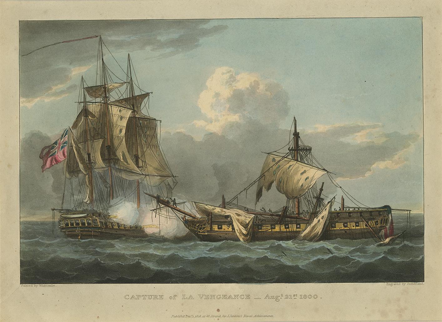 Antique Print of the Capture of La Vengeance by T. Sutherland, circa 1816 In Good Condition In Langweer, NL
