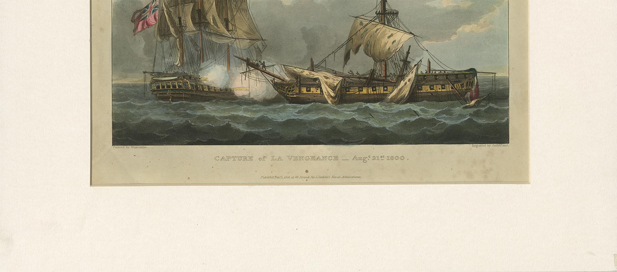 Paper Antique Print of the Capture of La Vengeance by T. Sutherland, circa 1816