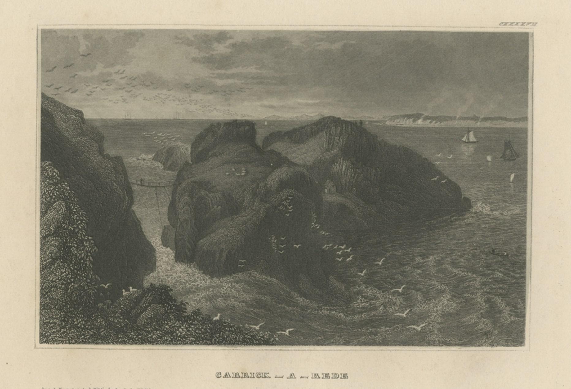 Paper Antique Print of the Carrick-a-Rede Rope Bridge in Northern Ireland, 1836 For Sale