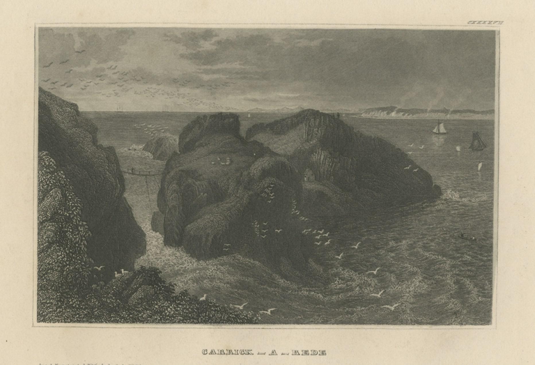 Paper Antique Print of the Carrick-a-Rede Rope Bridge in Northern Ireland, 1836