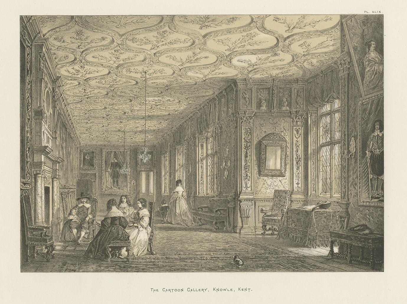 Antique print titled 'The Cartoon Gallery. Knowle. Kent'. Lithograph of the cartoon gallery of Knole, a country house and former Archbishop's Palace. This print originates from 'The Mansions of England in the Olden Time' by Joseph Nash.