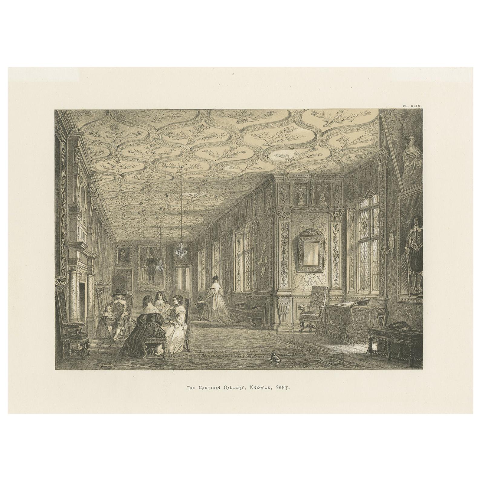 Antique Print of the Cartoon Gallery of Knole by Nash 'circa 1870'