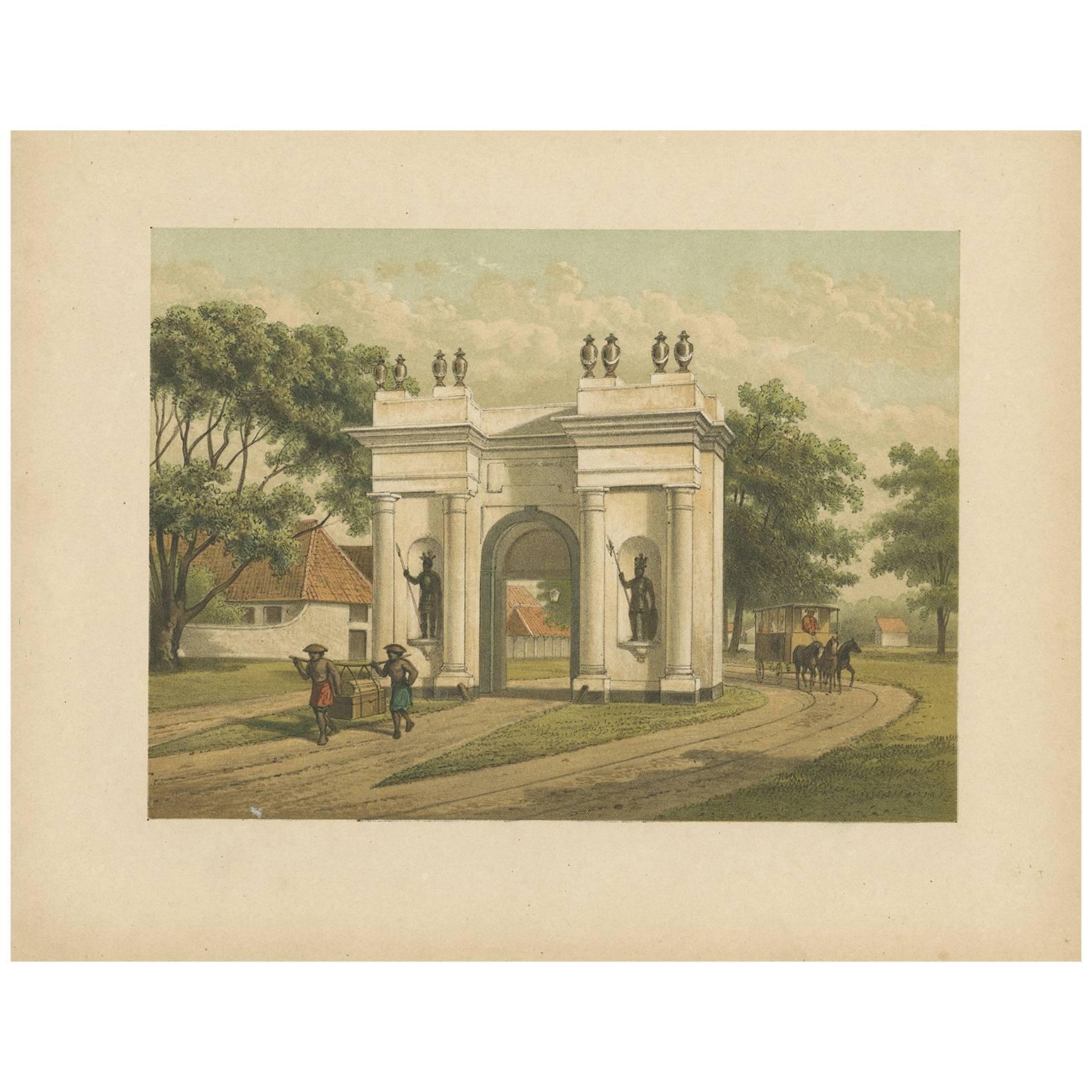 Impression ancienne du portail du château de Batavia par M.T.H. Perelaer, 1888 en vente
