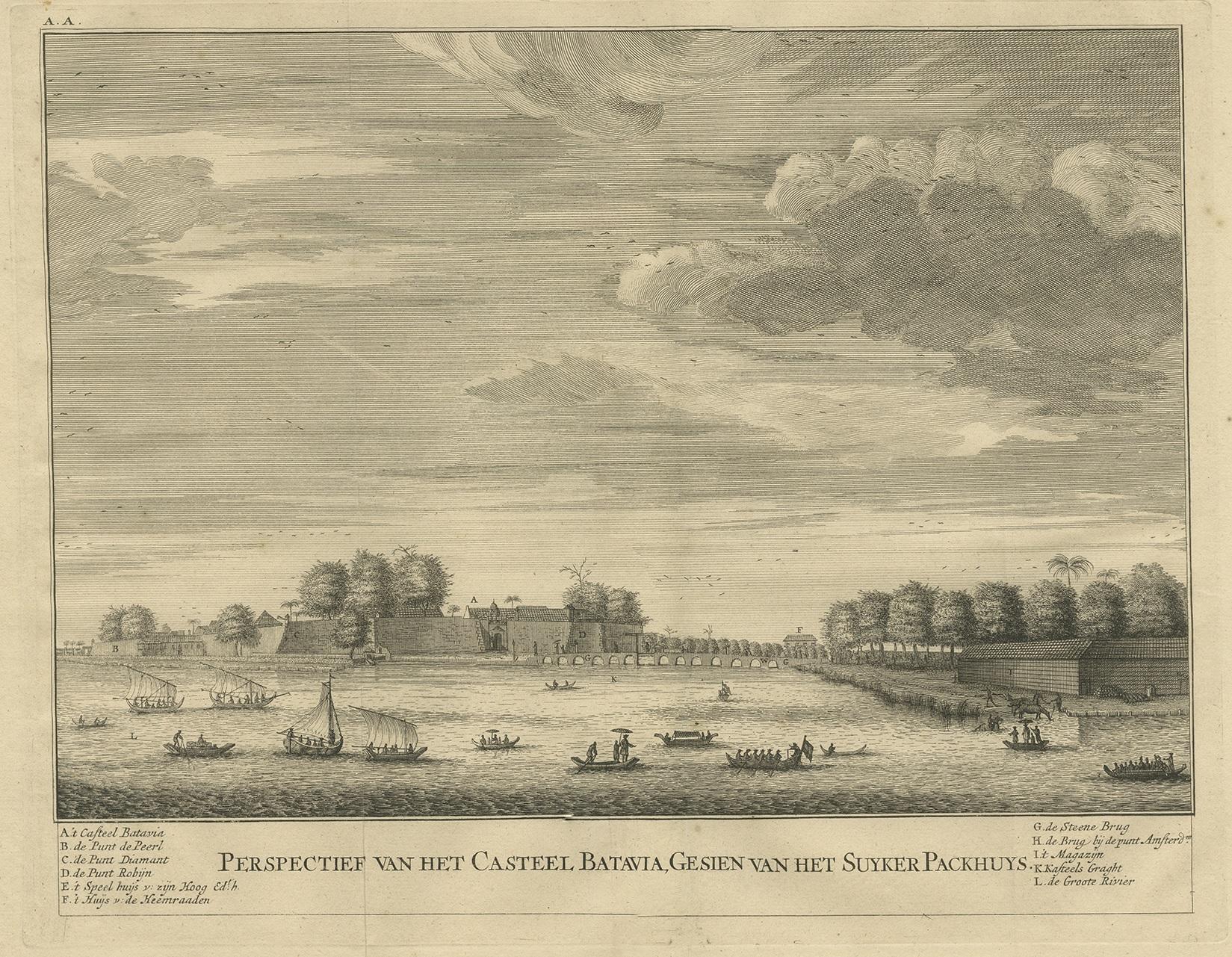 Antique print titled 'Perspectief van het Casteel Batavia, gesien van het Suyker Packhuys. ' A view of the Castle of Batavia (Jakarta, Indonesia) as seen from the Sugar Warehouse. This print originates from 'Oud en Nieuw Oost-Indiën' by F. Valentijn.