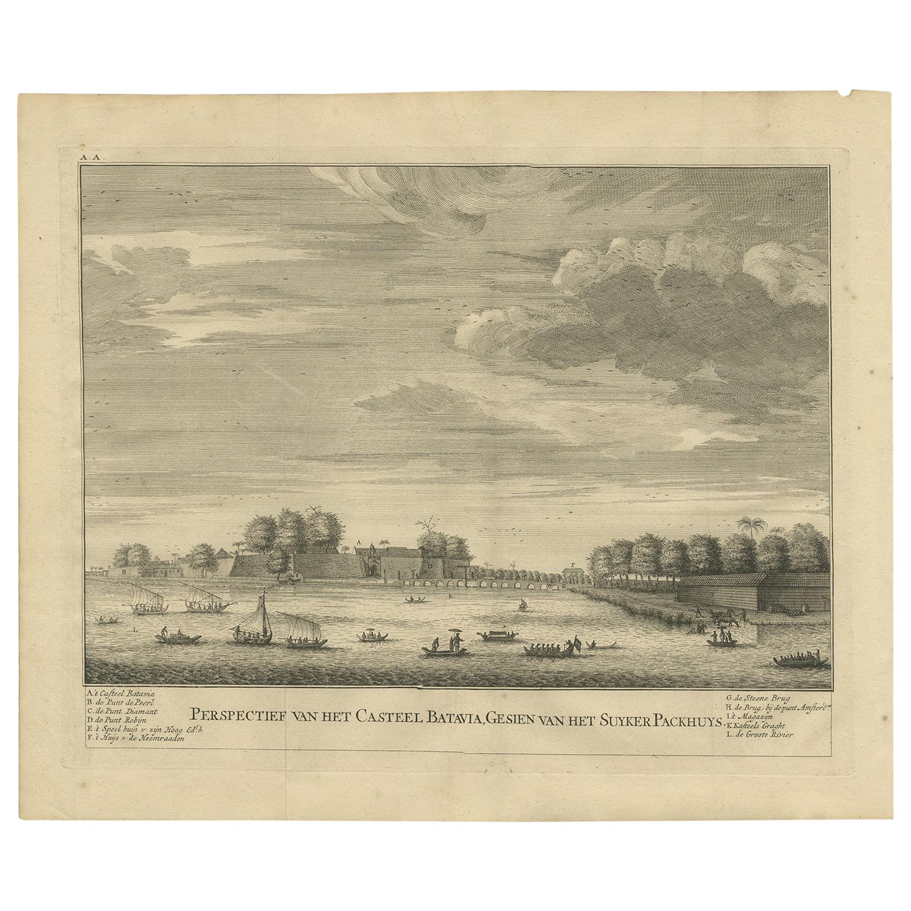 Antiker antiker Druck des Schlosses von Batavia, Hauptstadt der niederländischen Ostindien, 1726