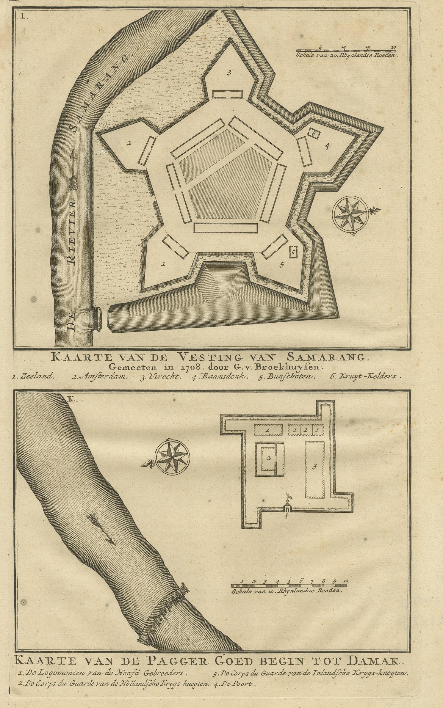 Antique print titled 'Kaarte van de Vesting van Samarang. Kaarte van de Pagger Goed begin tot Damak. ' Plans of the castle of Semarang and the fortress (Pagger/Pagar) Demak. From the monumental 