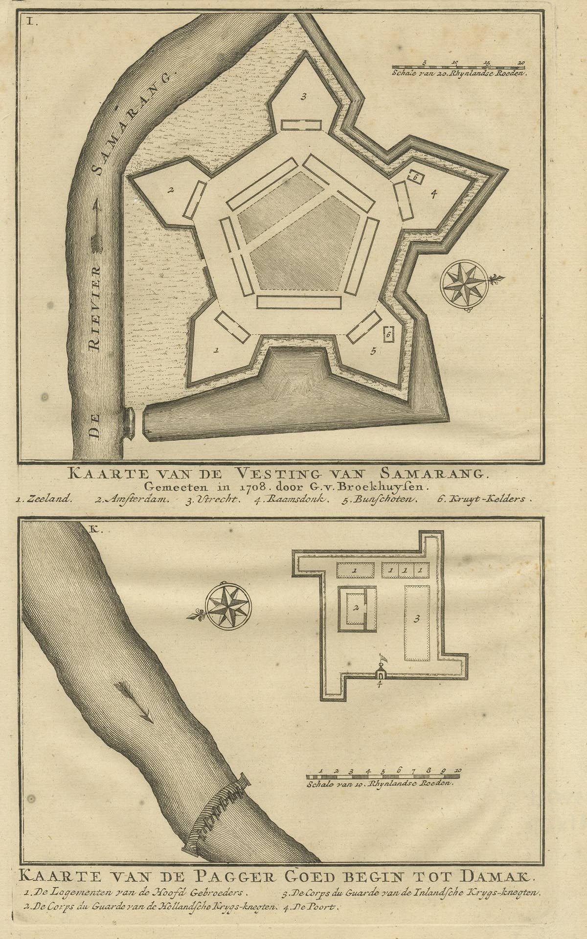 Antique Print of the Castle of Semarang and a Fortress by Valentijn, 1726