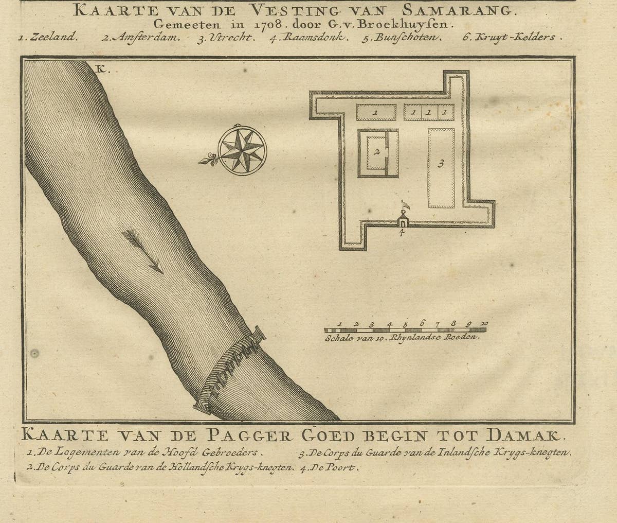 Antique Print of the Castle of Semarang and a Fortress by Valentijn, 1726