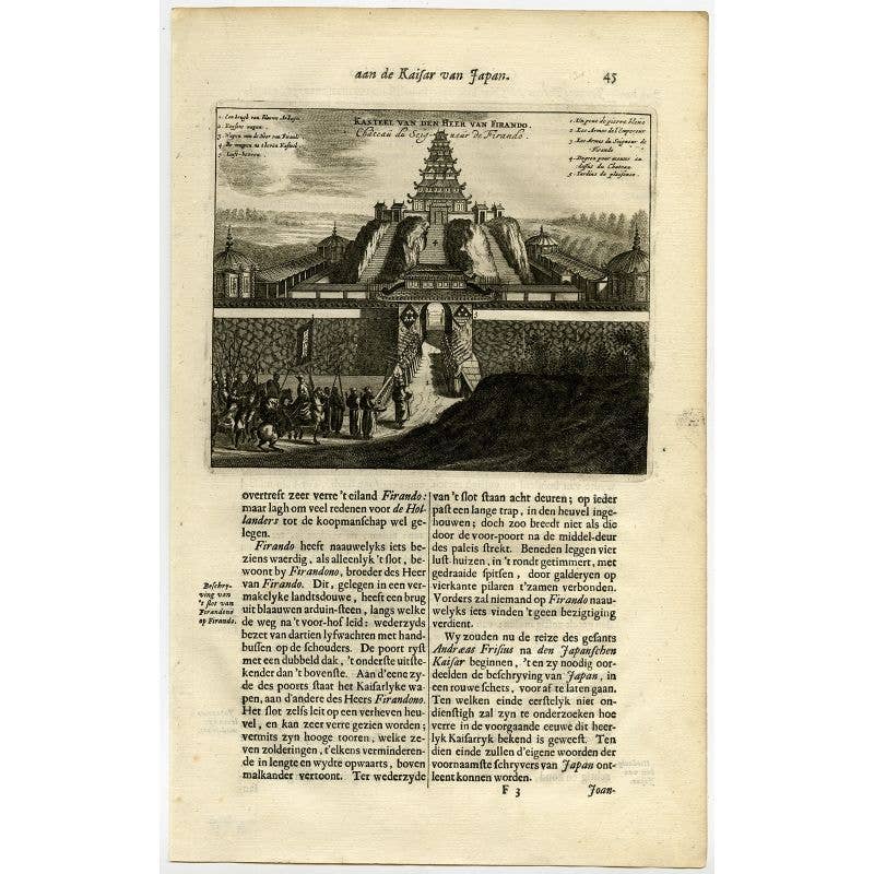 Antique Print of the Castle of the Shogun of Firando in Japan, 1669