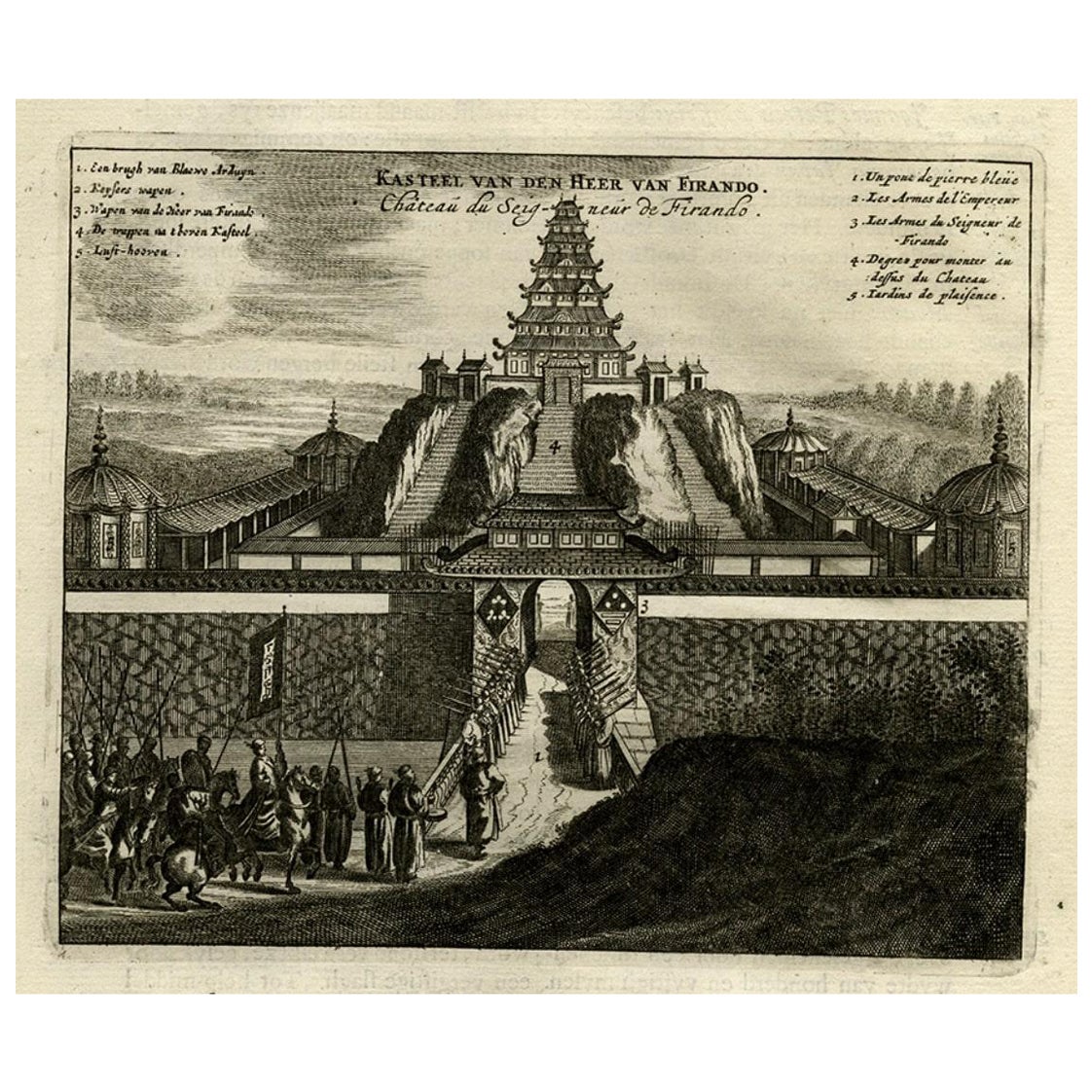 Antiker Druck des Schlosses des Shoguns Firando in Japan, 1669