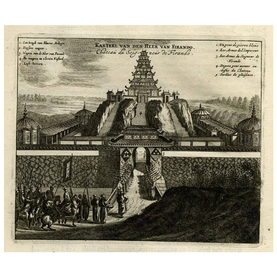 Antique Print of the Castle of the Shogun of Firando in Japan, 1669