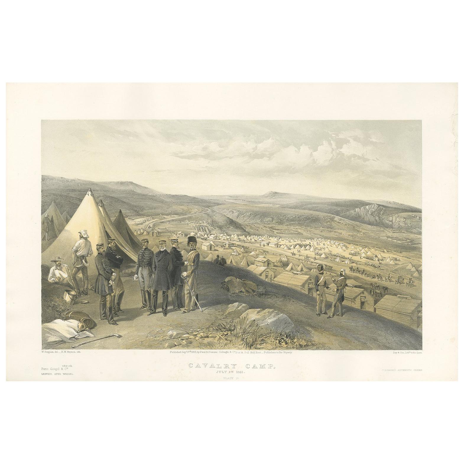 Antique Print of the Cavalry Camp 'Crimean War' by W. Simpson, 1855 For Sale