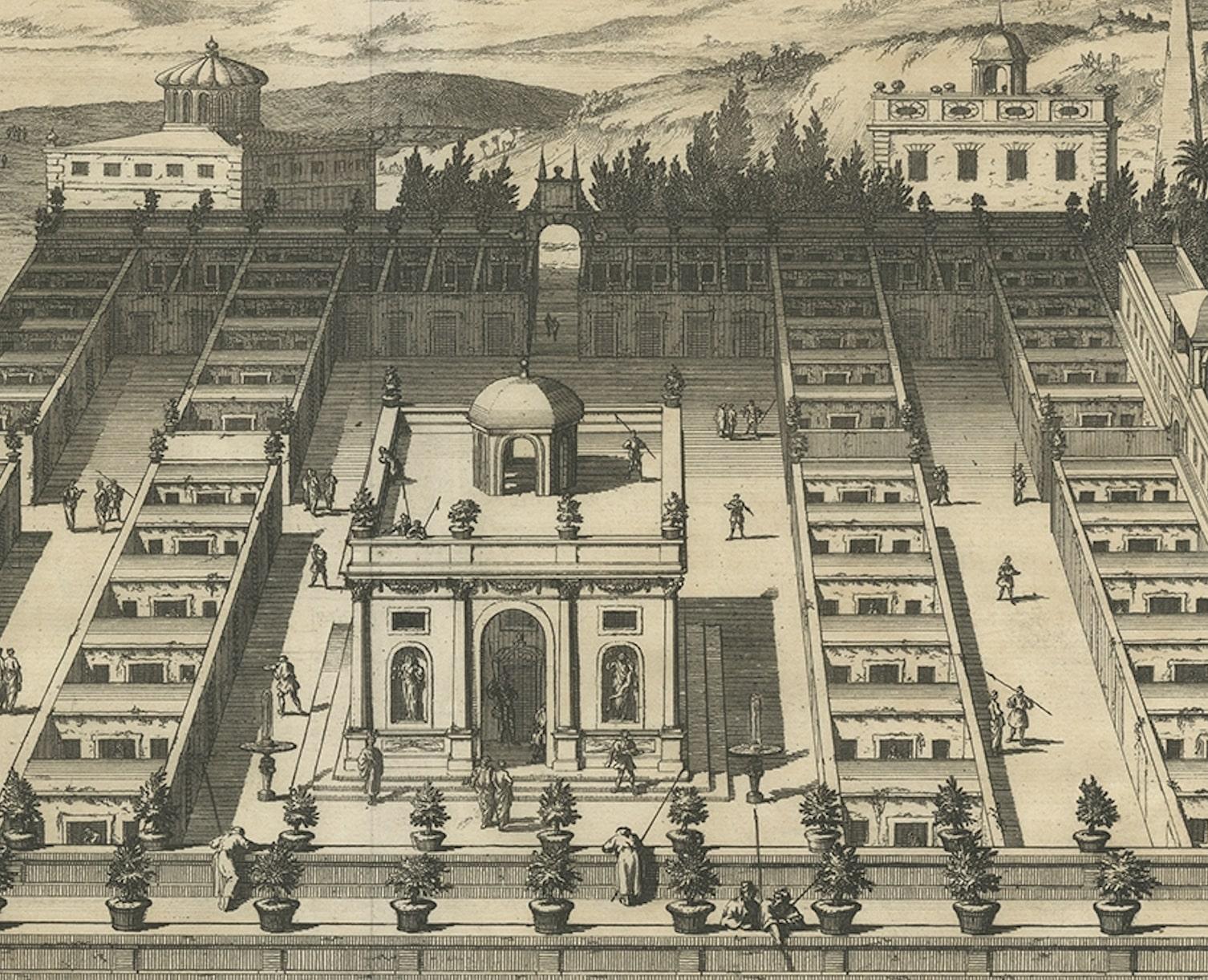 Gravé Impression ancienne des cellules sur l'île de Pharos, 1690 en vente