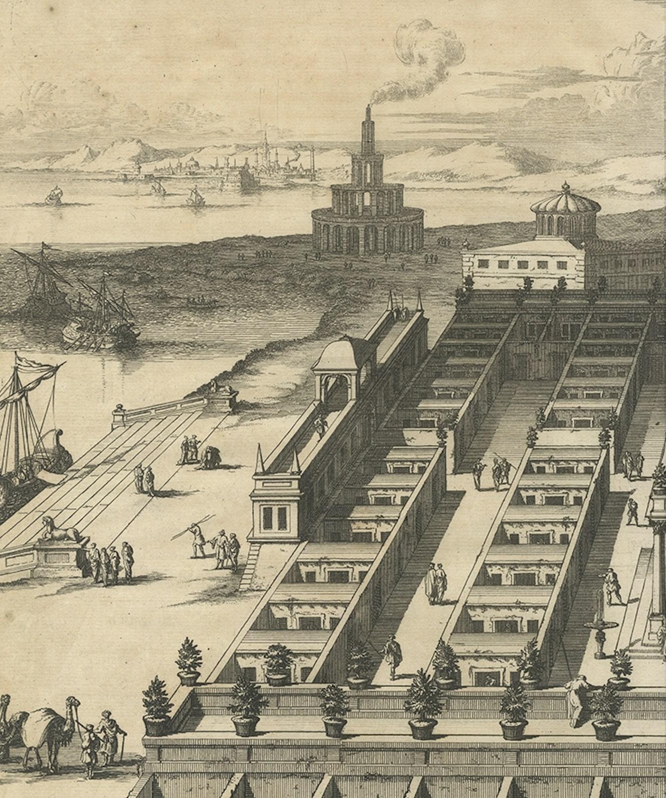 Impression ancienne des cellules sur l'île de Pharos, 1690 Bon état - En vente à Langweer, NL